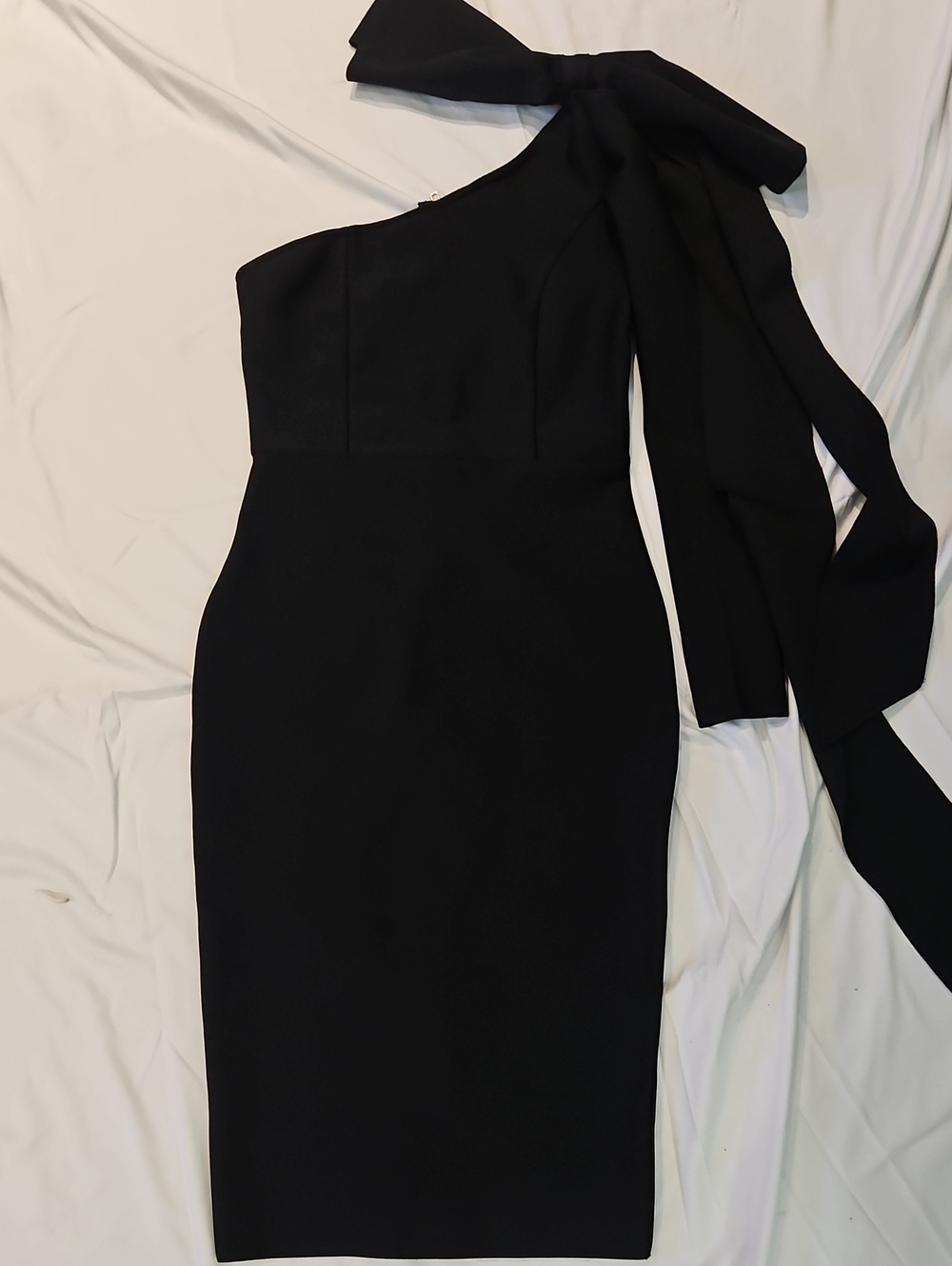 Source Unknown One-Shoulder Black Sheath Dress with Statement Tie